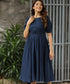 High-Square Neck Midi Linen Blue Dress